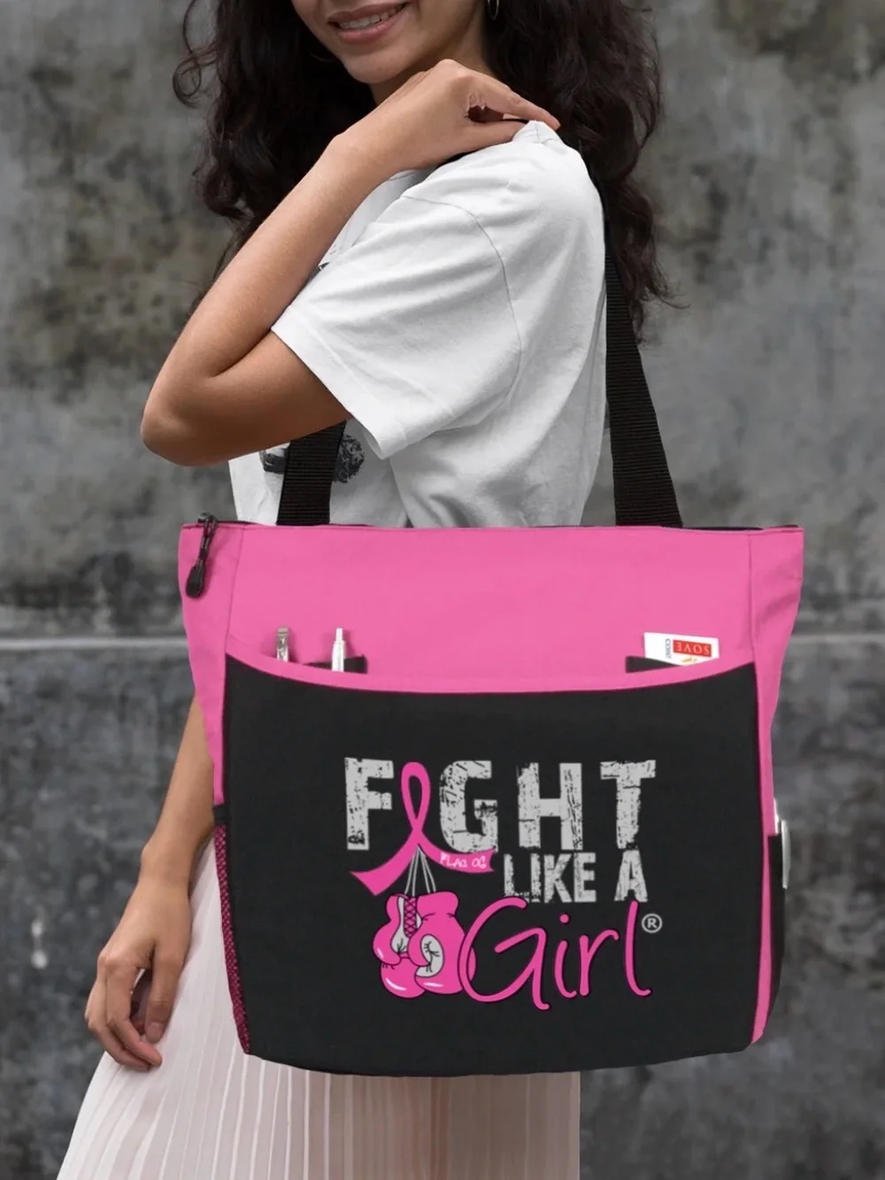 Fight Like a Girl Pink & Black Tote Bag